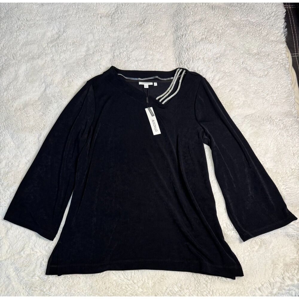 NWT Chico's Black V Neck Tunic Top Size 2 Large 12 Long Sleeve Rhinestone Detail